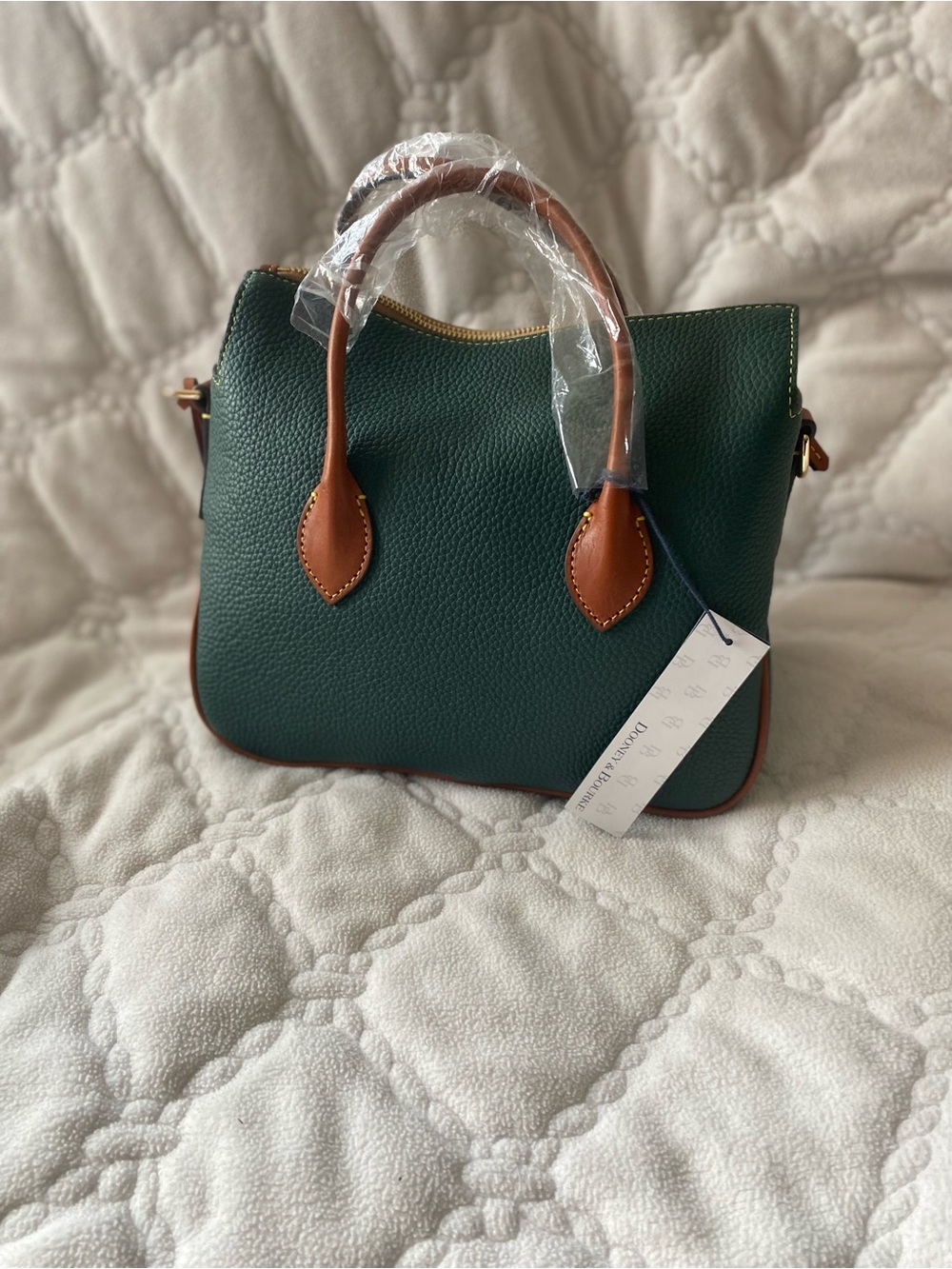 Dooney & Bourke Forest Green Pebbled Leather Satchel with Tan Trim - Picture 3 of 5